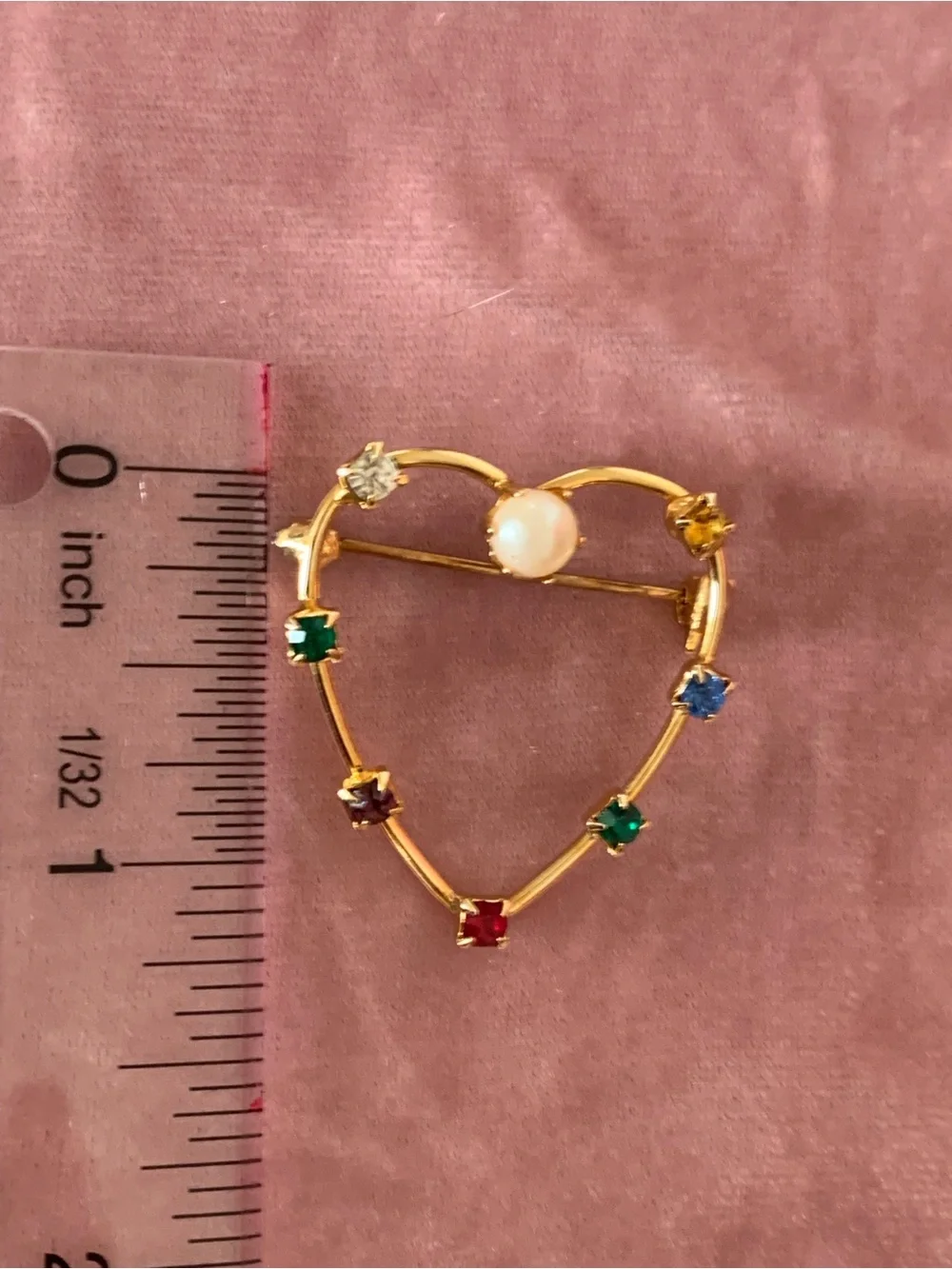 Vintage Gold Heart Brooch with Multicolor Stones and a center pearl  Great Piece
